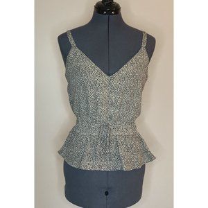 Black Speckle On Tan Print Tank Top Blouse V-neck Shell Chemise Elastic Waist XS